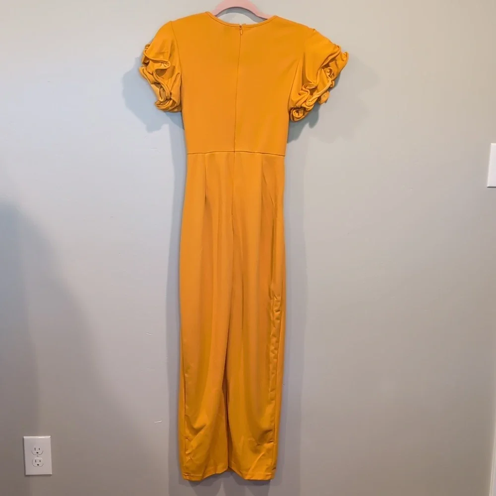 SHEIN Golden Yellow Volume Sleeve V Neck Cut Out Front Slit Back Midi Dress S